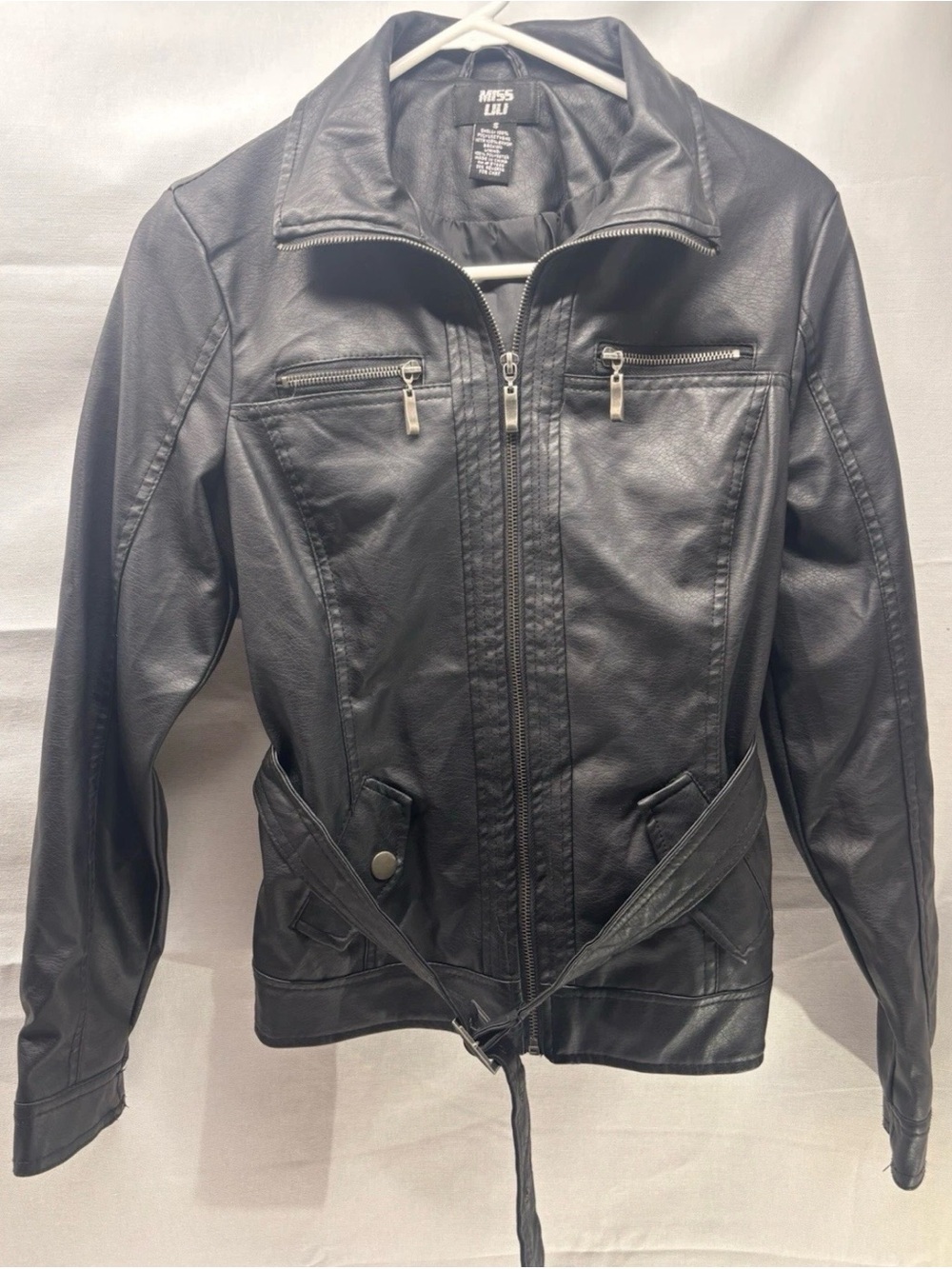 Miss Lili Black Faux Leather Moto Jacket Small Belted Zip Biker Jacket